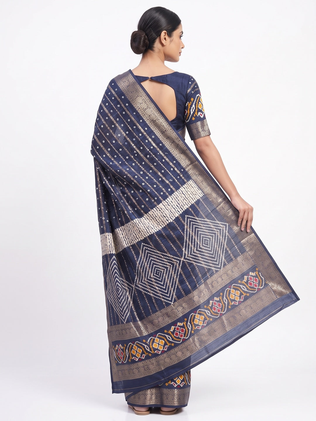 Navy Blue Bandhani Printed Dola Silk Saree Enhanced With Fine Weaving Accents - Image 2