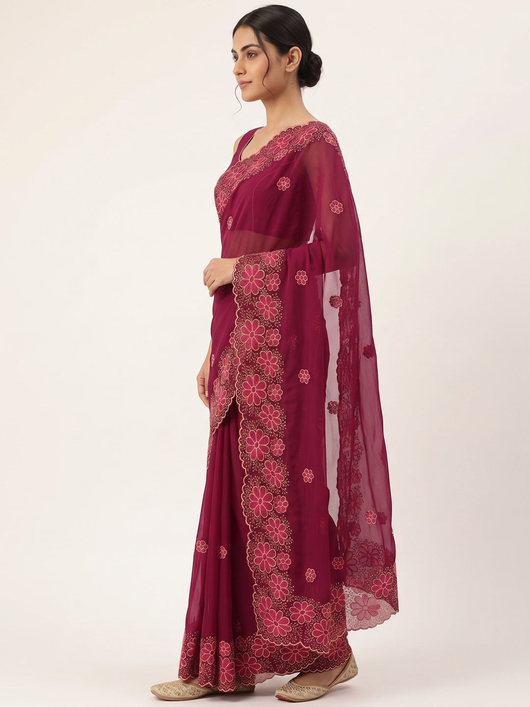 Pink Partywear Saree in Soft Chiffon with Intricate Floral Embroidery - Image 3