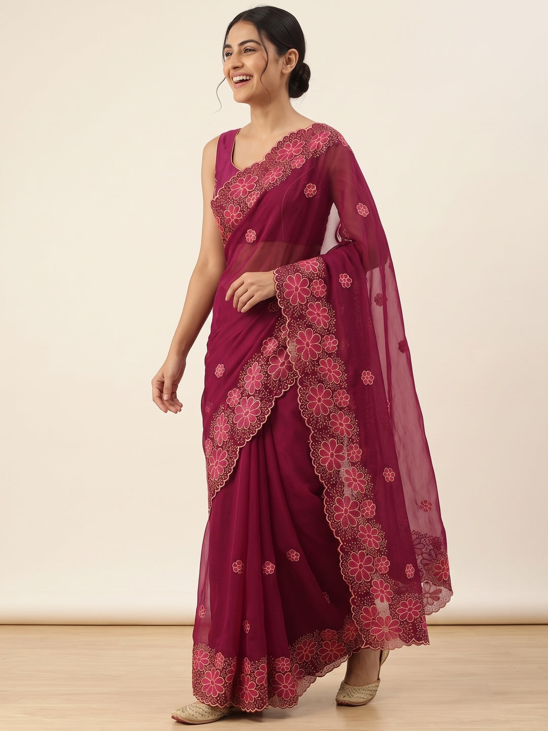 Pink Partywear Saree in Soft Chiffon with Intricate Floral Embroidery - Image 4