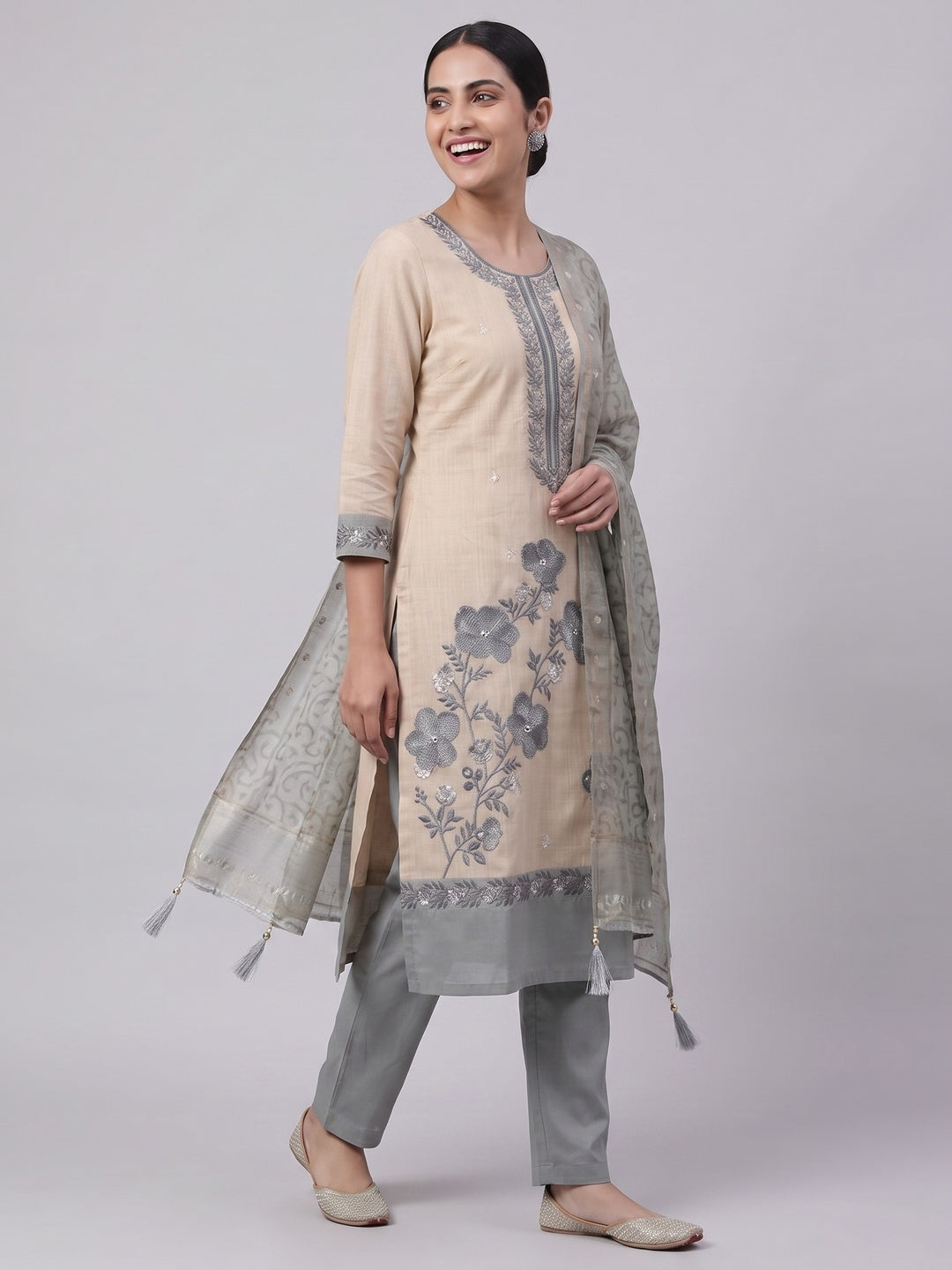 Peachmode Blue Linen Dress Material with Floral Print - Image 4