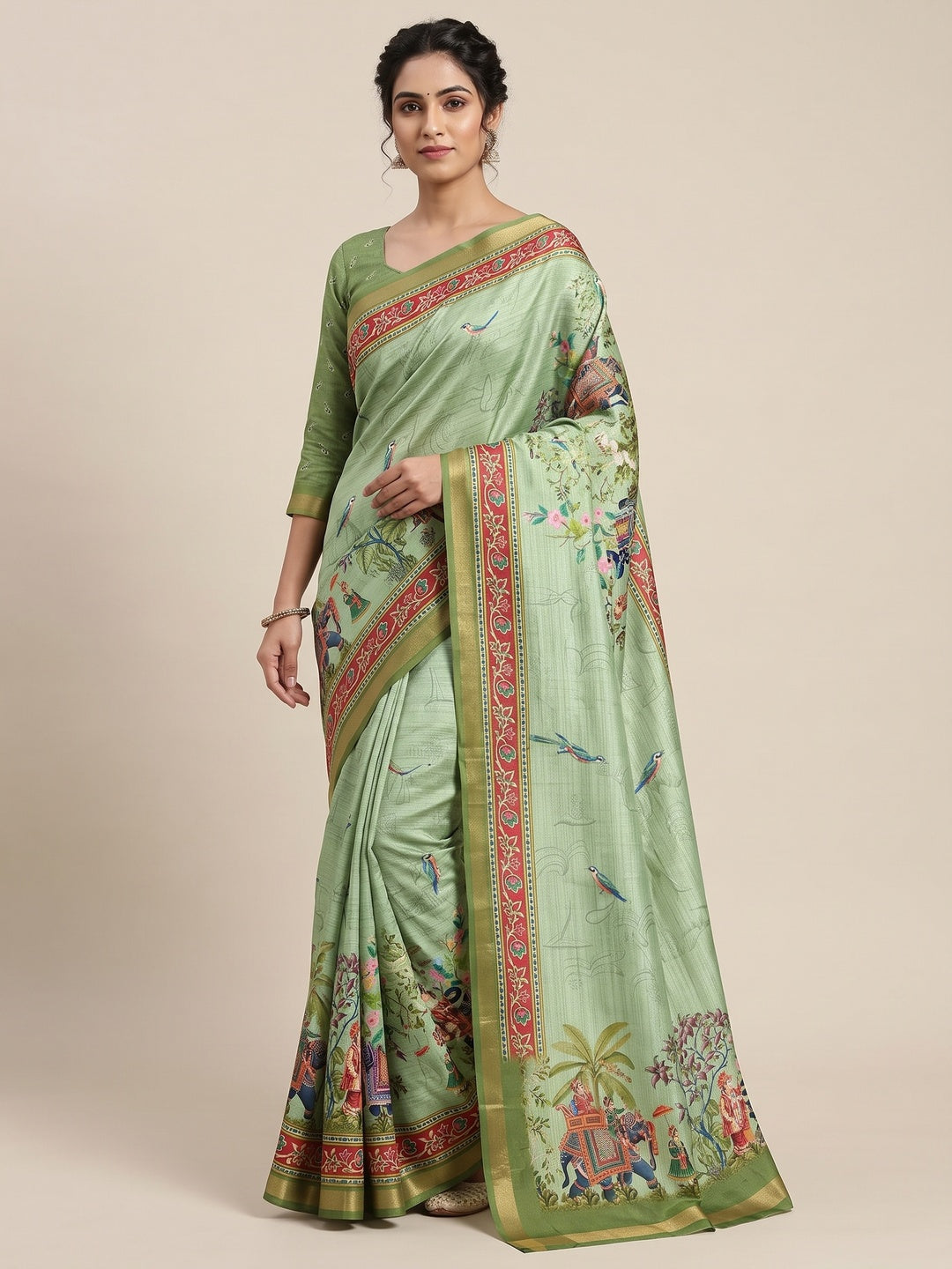 Green Dola Silk Saree With Majestic Elephant & Vibrant Peacock Digital Prints - Image 1