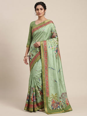 Green Dola Silk Saree With Majestic Elephant & Vibrant Peacock Digital Prints - Image 1