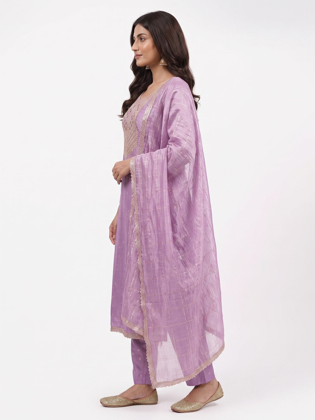 Elegant Purple Jacquard Dress Material with Embroidered Neckline - Image 4