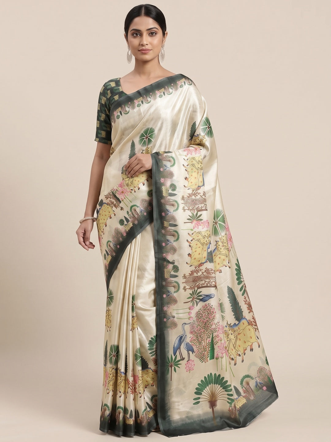 Peachmode Cream Fendi Printed Satin Saree - Image 4