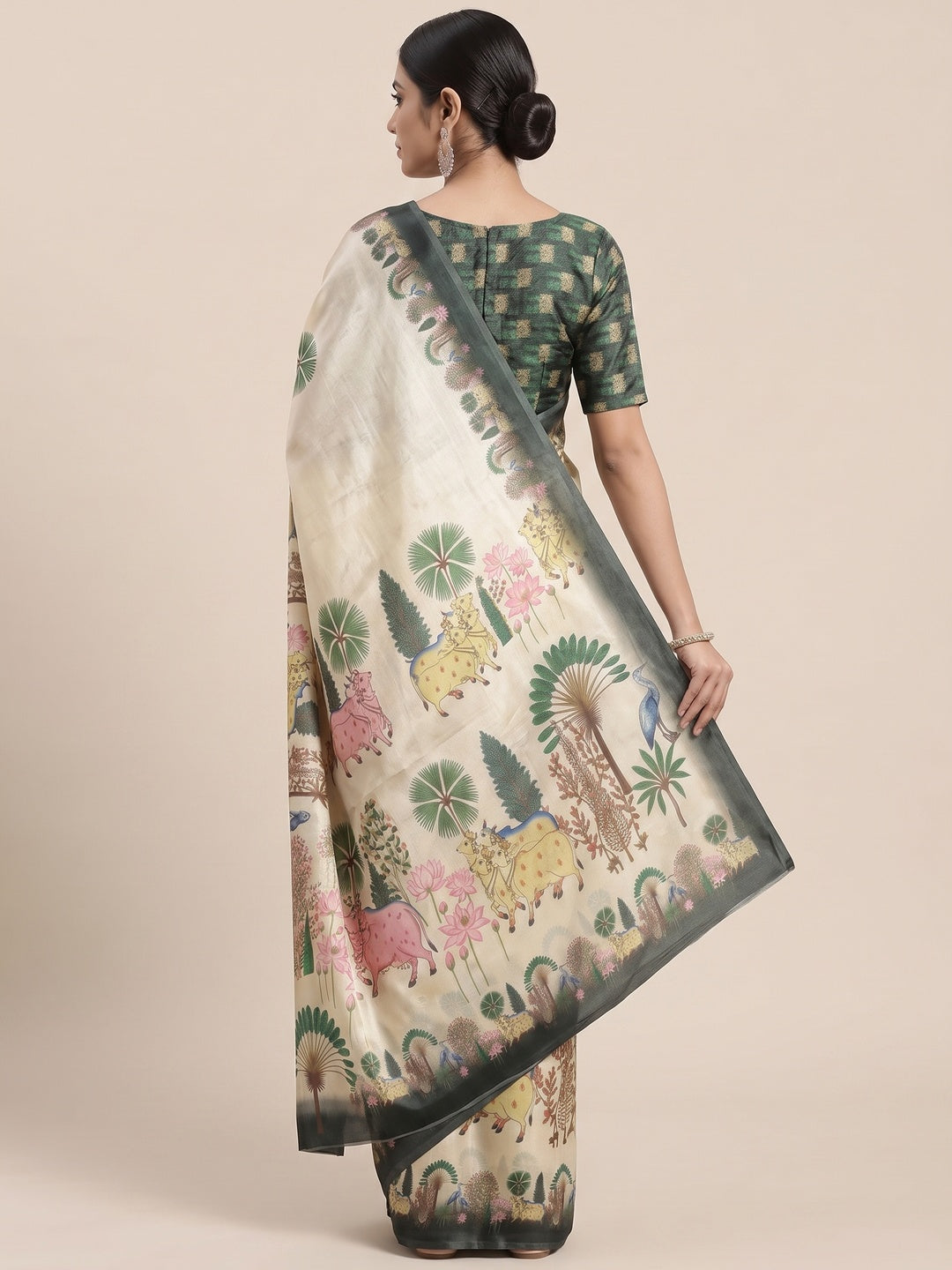Peachmode Cream Fendi Printed Satin Saree - Image 5