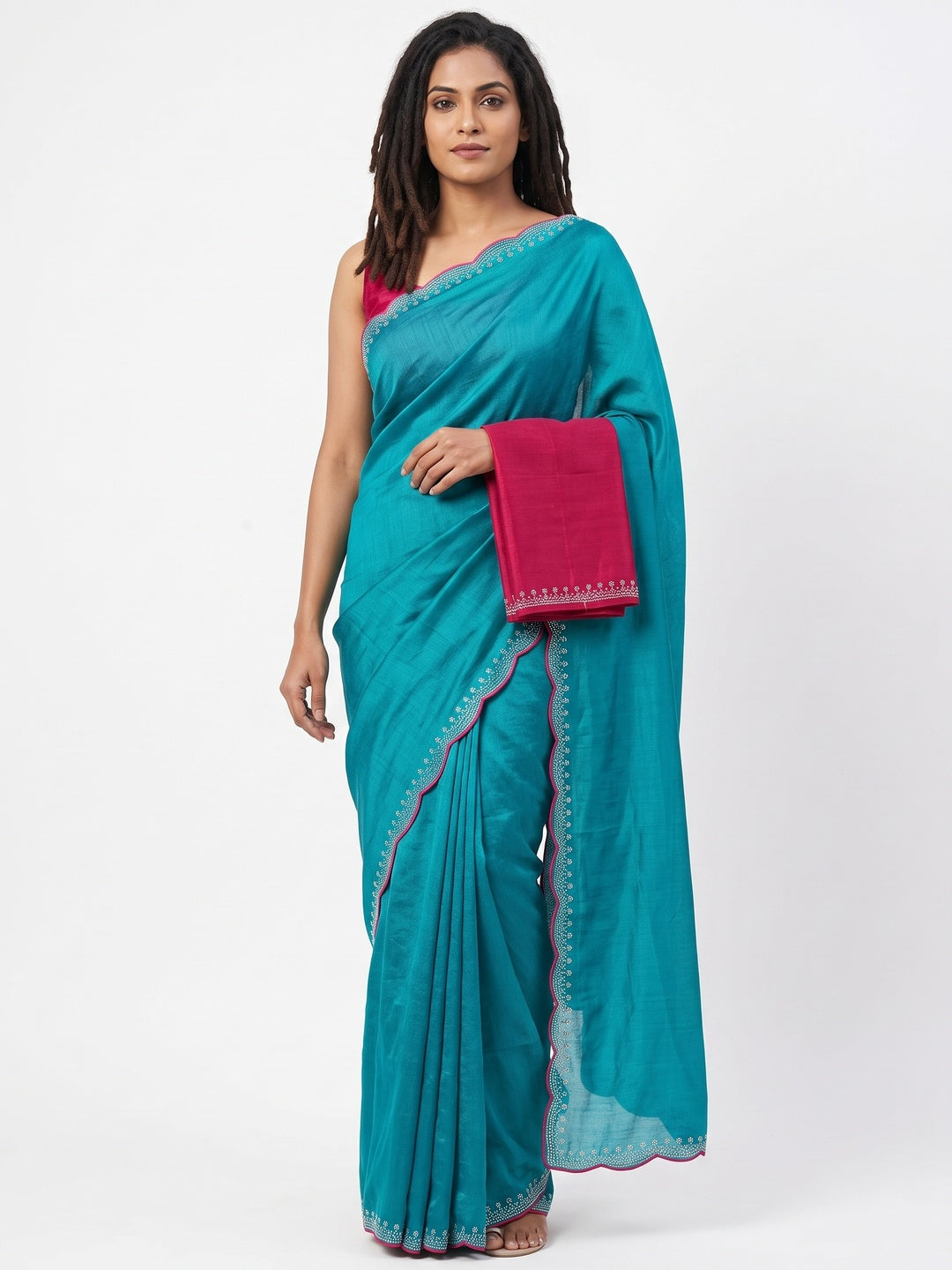 Turquoise Partywear Vichitra Silk Saree Featuring Exquisite Swarovski Stone Work - Image 1