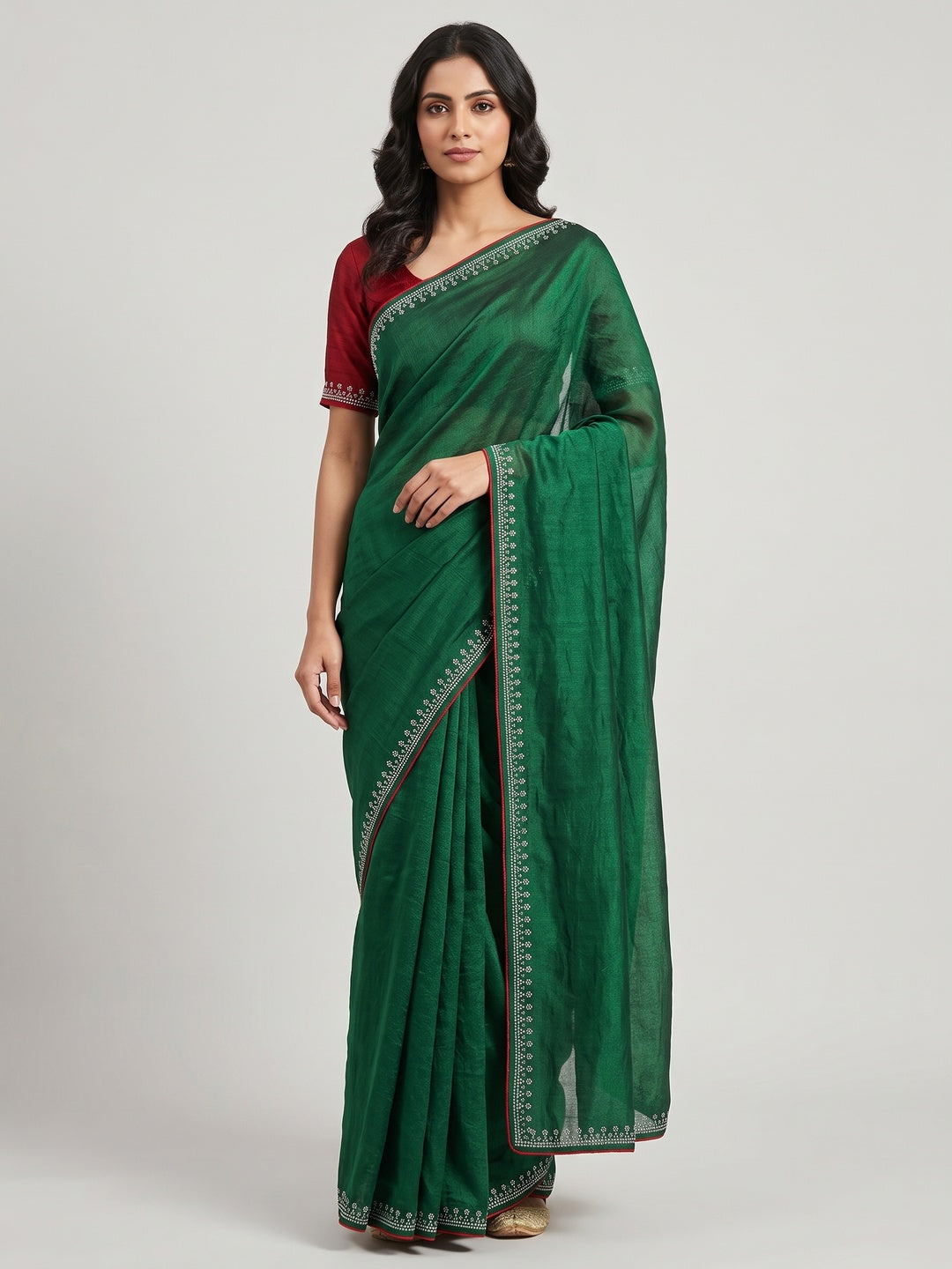Green Partywear Vichitra Silk Saree Featuring Exquisite Swarovski Stone Work - Image 1