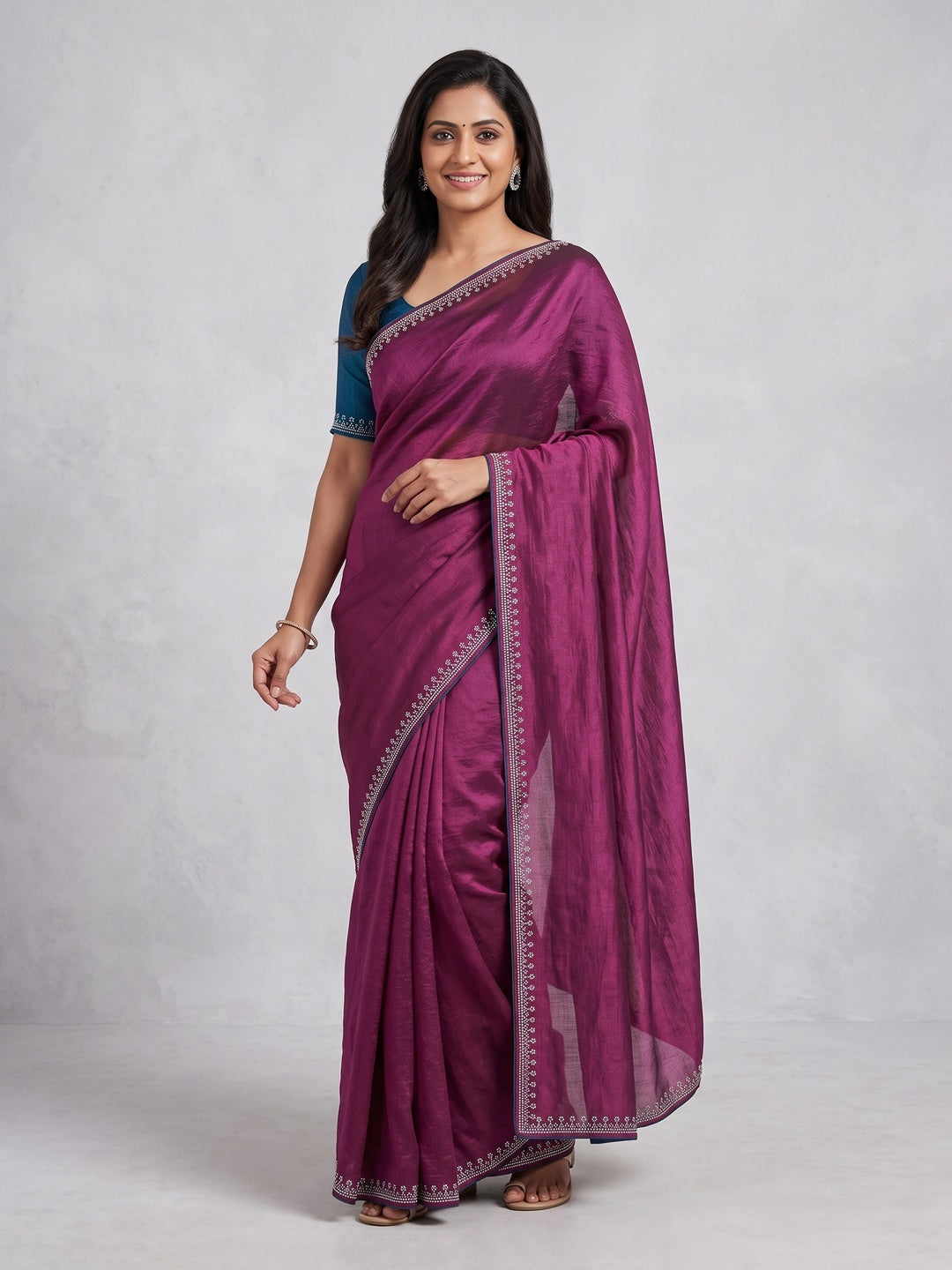 Magenta Partywear Vichitra Silk Saree Featuring Exquisite Swarovski Stone Work - Image 1
