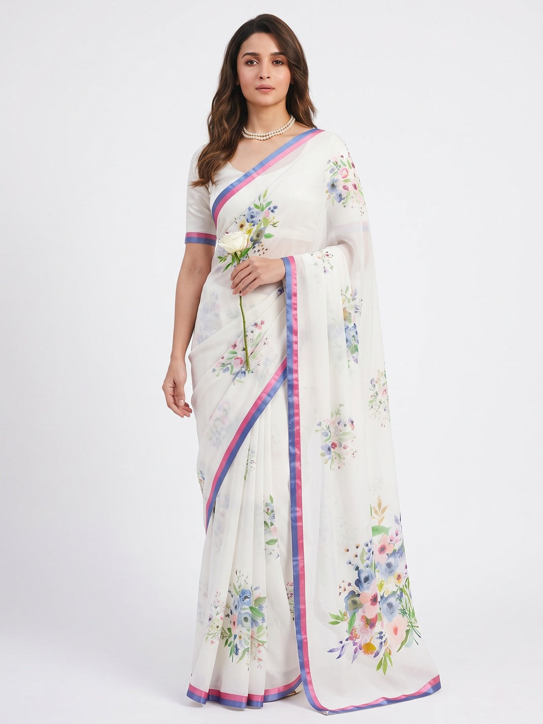 White Floral Printed Georgette Saree - Image 1