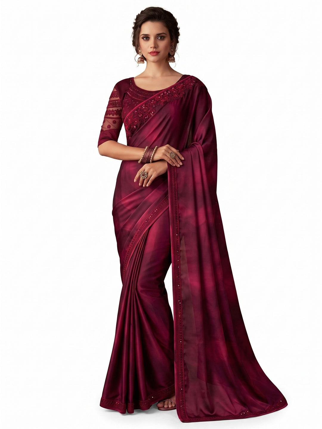 Maroon Floral Sequins Embroidered Art SIlk Saree - Image 1