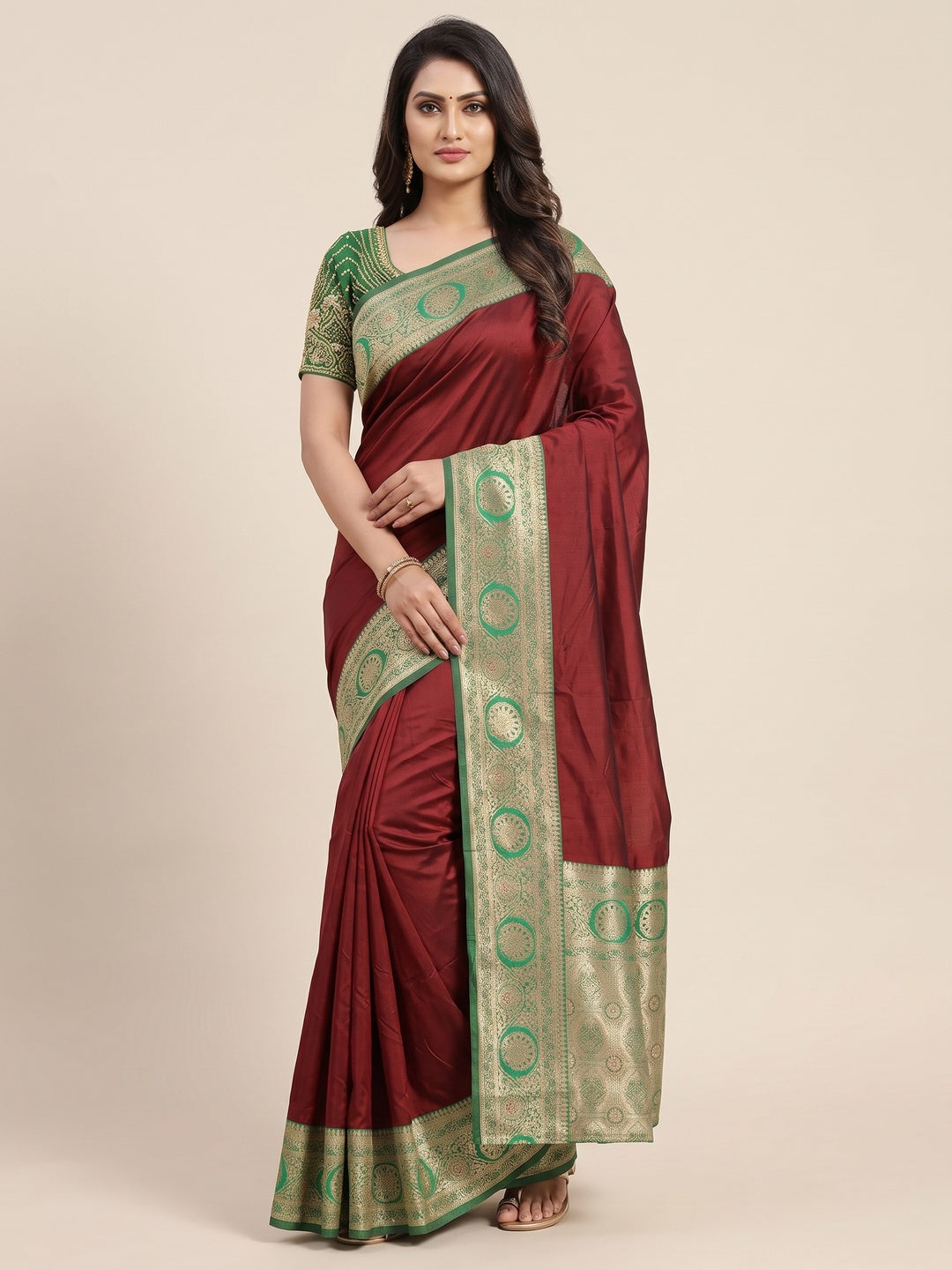 Maroon Pure Silk Saree with Fine Woven Border and Ready Made Stitched Blouse - Image 2