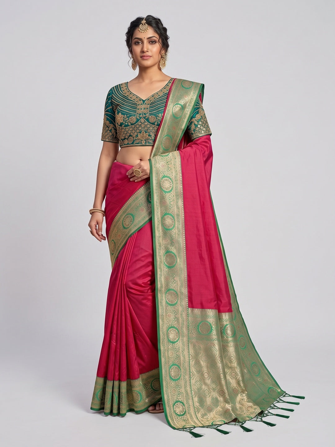 Pink Pure Silk Saree with Fine Woven Border and Ready Made Stitched Blouse - Image 2