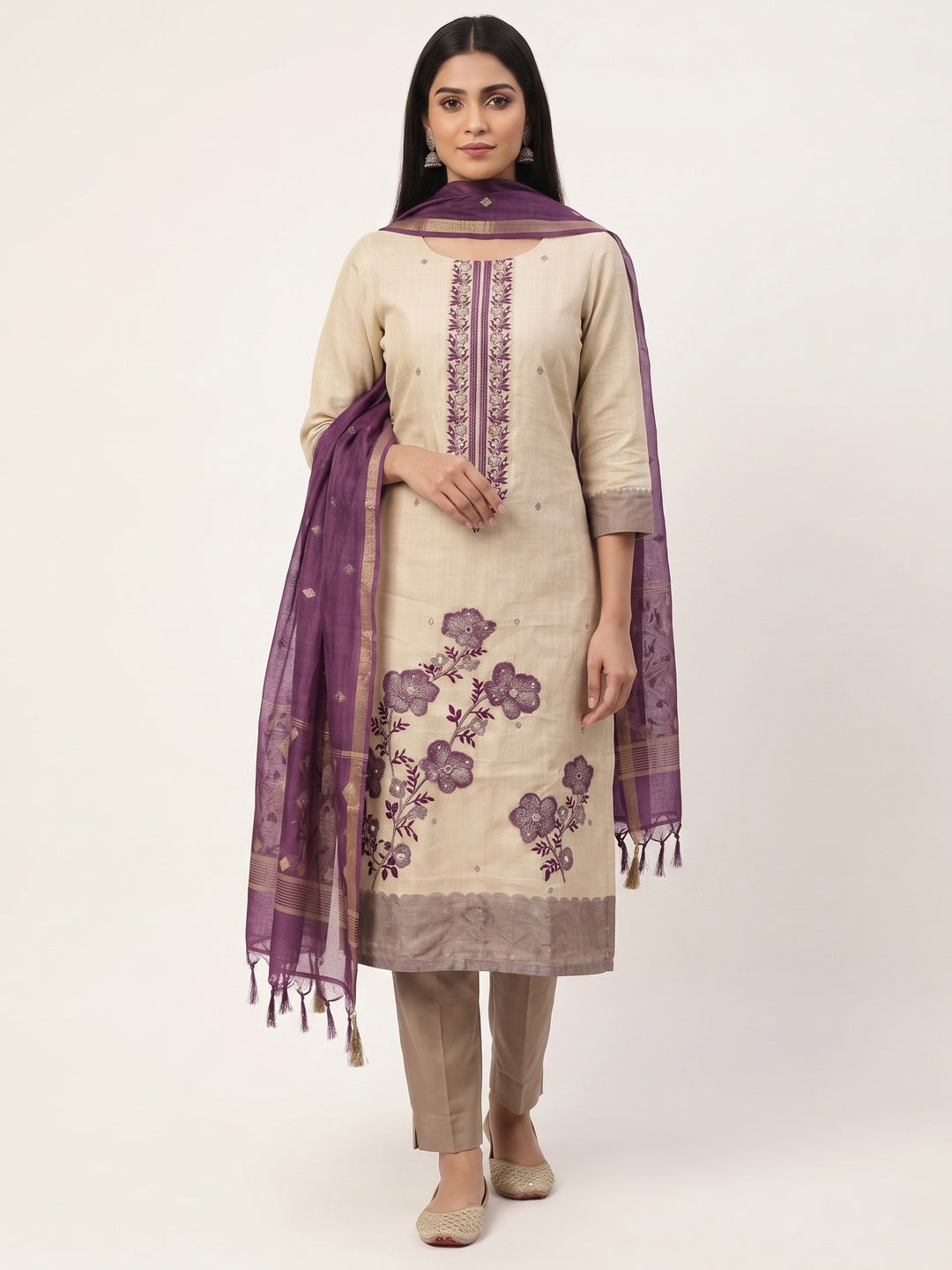 Peachmode Purple Linen Dress Material with Floral Print - Image 1