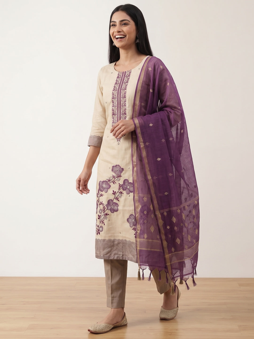 Peachmode Purple Linen Dress Material with Floral Print - Image 4