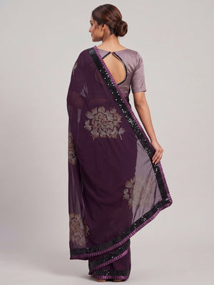 Wine Partywear Embroidered Georgette Saree - Image 2