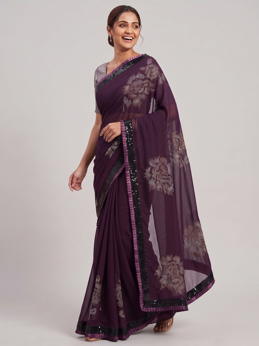 Wine Partywear Embroidered Georgette Saree - Image 4