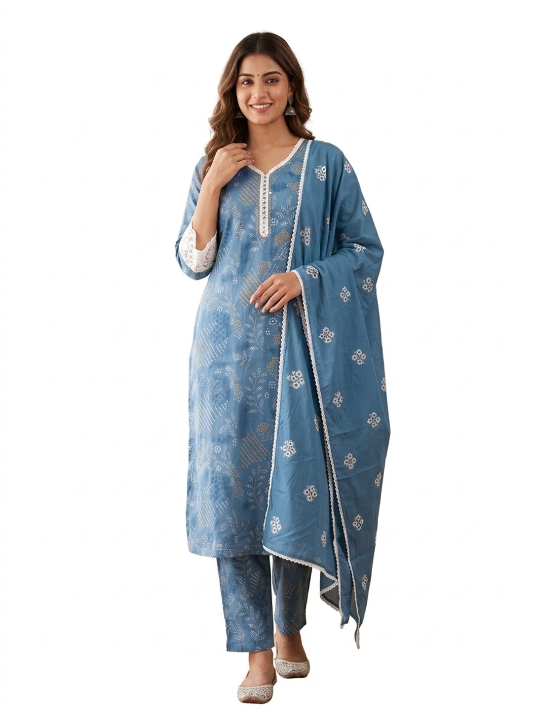 Blue Pure Cotton Printed Salwar Suit Set - Image 2
