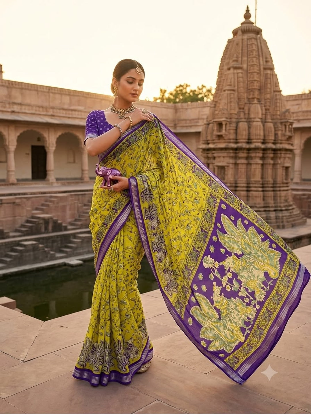 Peachmode Mustard Georgette Saree - Image 1