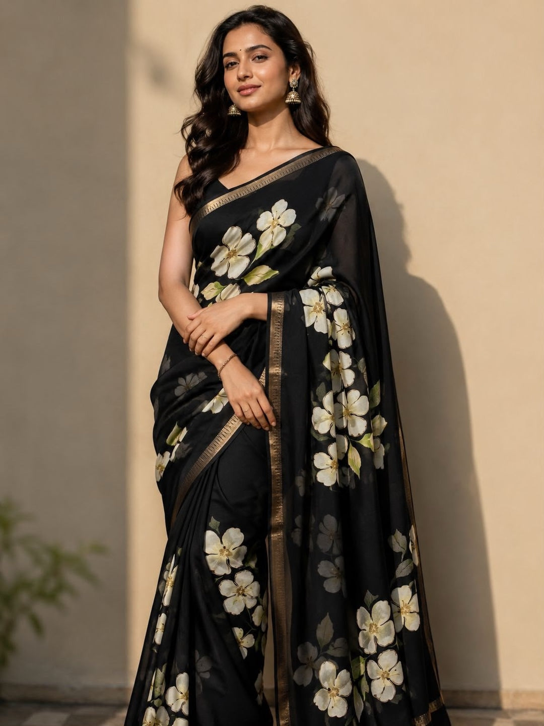 Peachmode Black Georgette Saree - Image 1