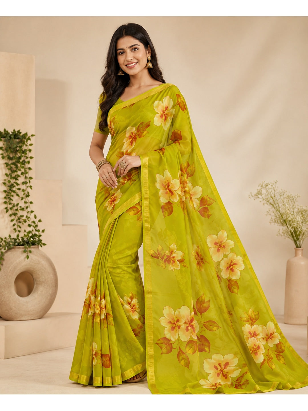 Peachmode Green Georgette Saree - Image 1