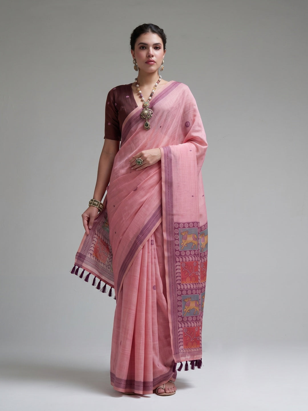 Peachmode Pink Woven Jamdani Cotton Saree - Image 1
