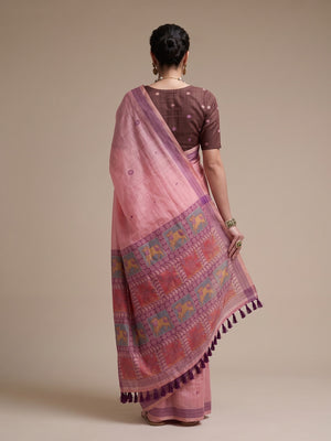Peachmode Pink Woven Jamdani Cotton Saree - Image 2
