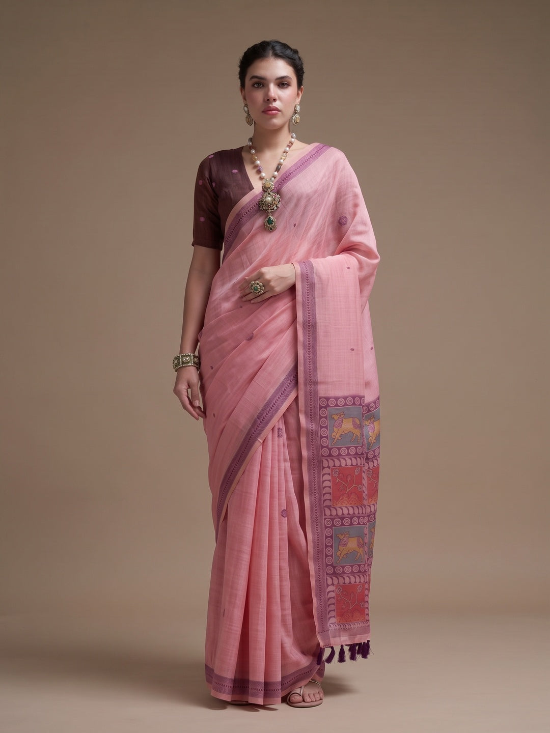 Peachmode Pink Woven Jamdani Cotton Saree - Image 5
