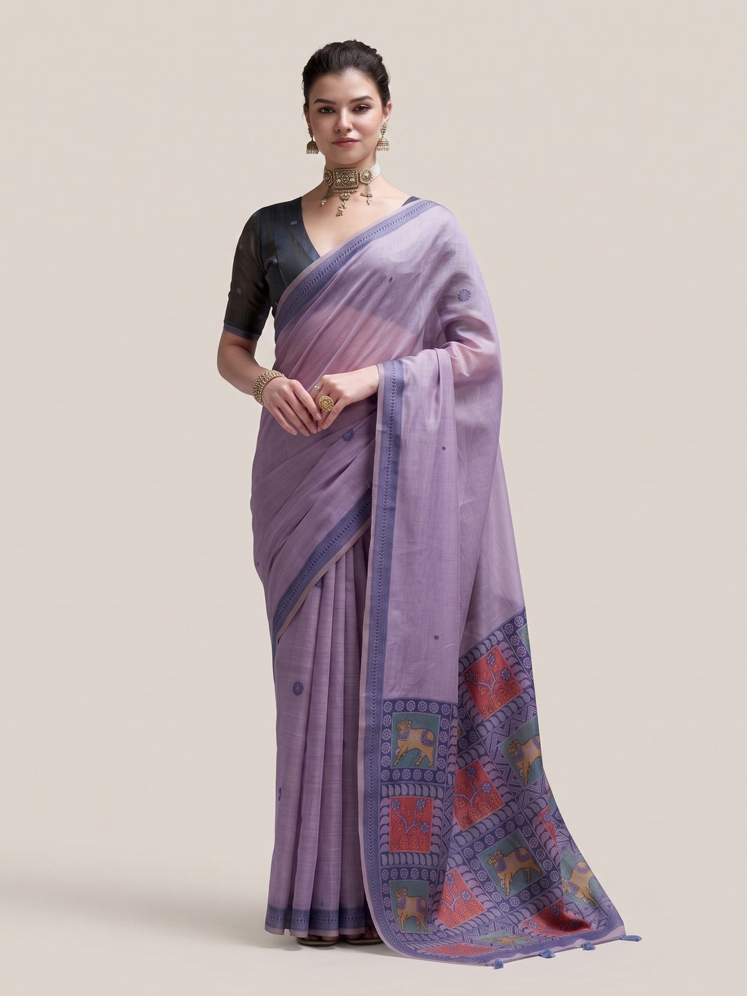 Peachmode Lavender Woven Jamdani Cotton Saree - Image 1