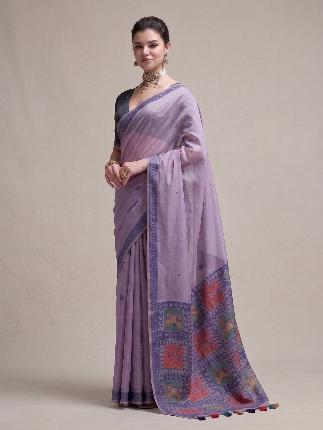 Peachmode Lavender Woven Jamdani Cotton Saree - Image 4