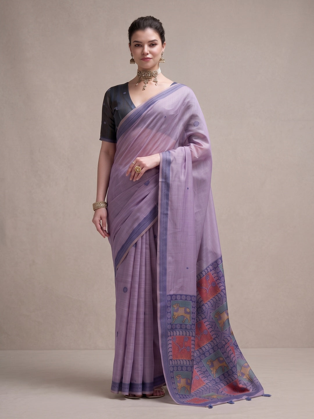 Peachmode Lavender Woven Jamdani Cotton Saree - Image 5