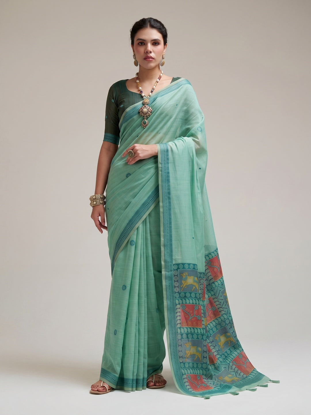 Peachmode Mint Green Woven Jamdani Cotton Saree - Image 1