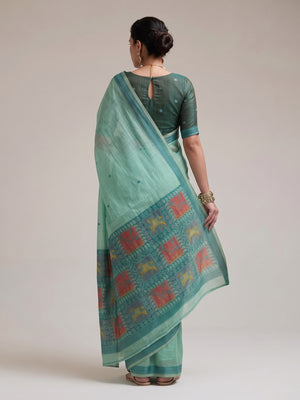 Peachmode Mint Green Woven Jamdani Cotton Saree - Image 2