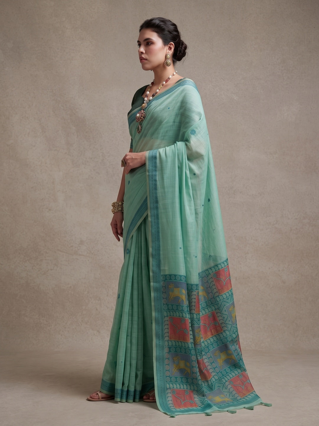 Peachmode Mint Green Woven Jamdani Cotton Saree - Image 3