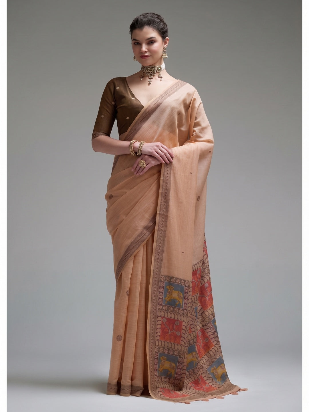 Peachmode Peach Woven Jamdani Cotton Saree - Image 1