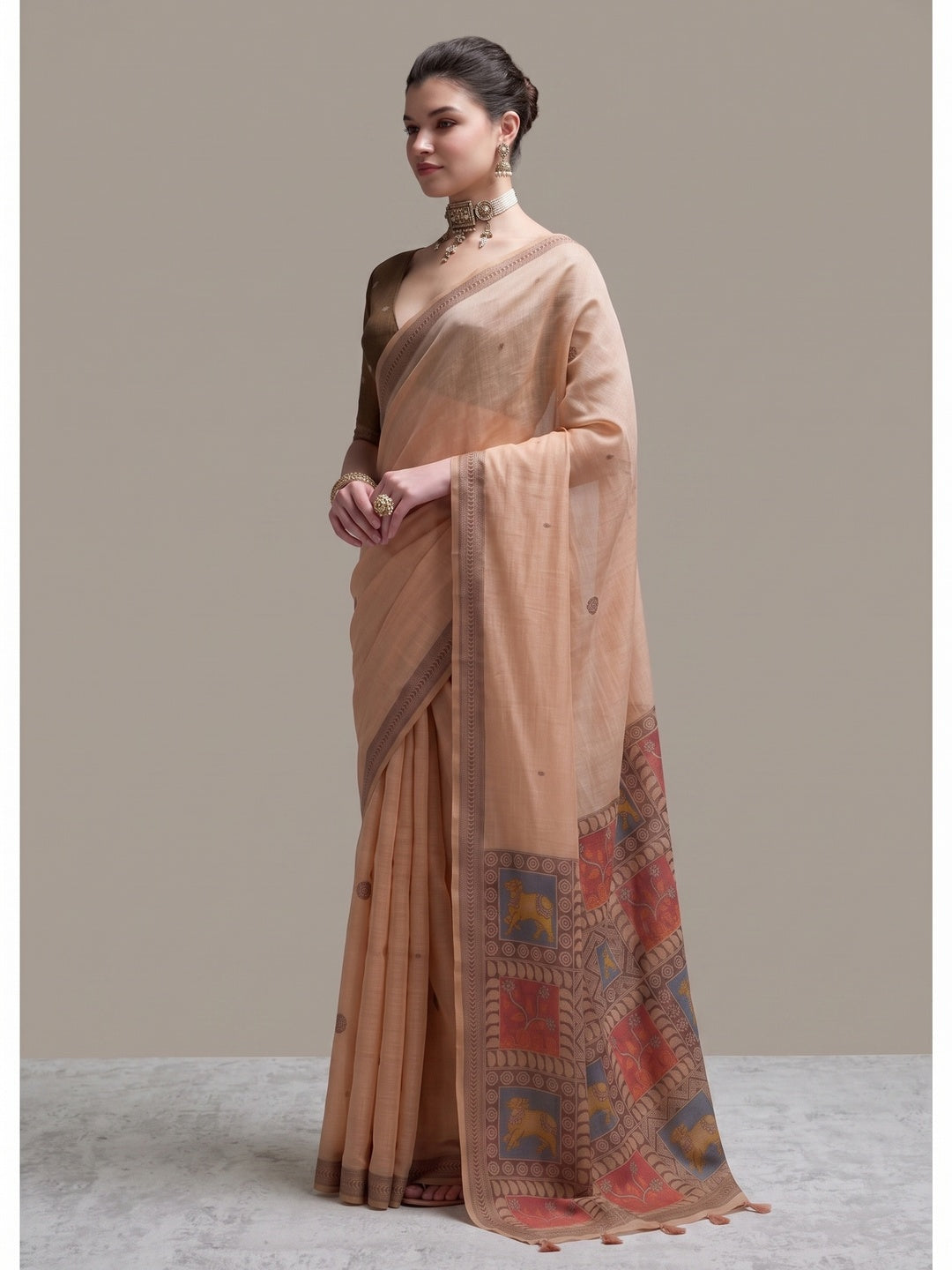 Peachmode Peach Woven Jamdani Cotton Saree - Image 3