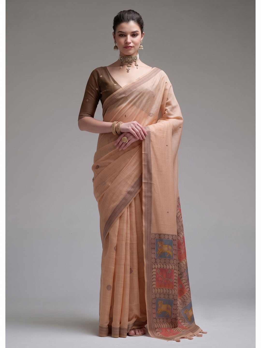 Peachmode Peach Woven Jamdani Cotton Saree - Image 5