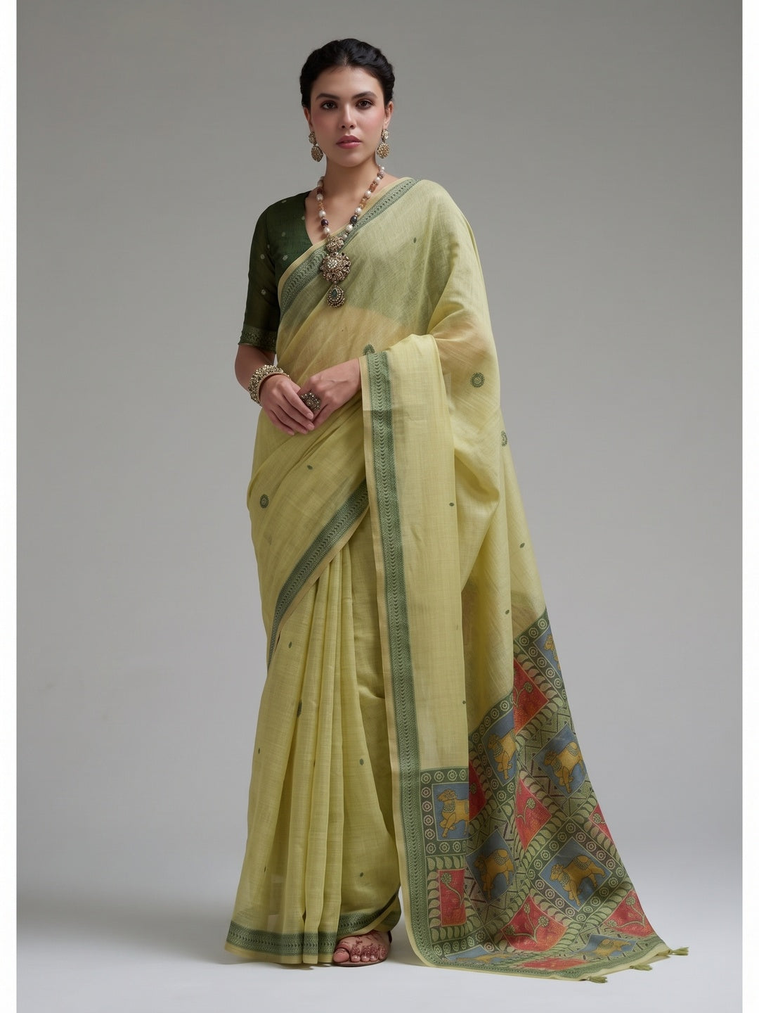 Peachmode Lime Green Woven Jamdani Cotton Saree - Image 1