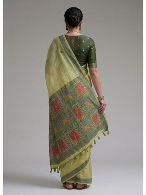 Peachmode Lime Green Woven Jamdani Cotton Saree - Image 2
