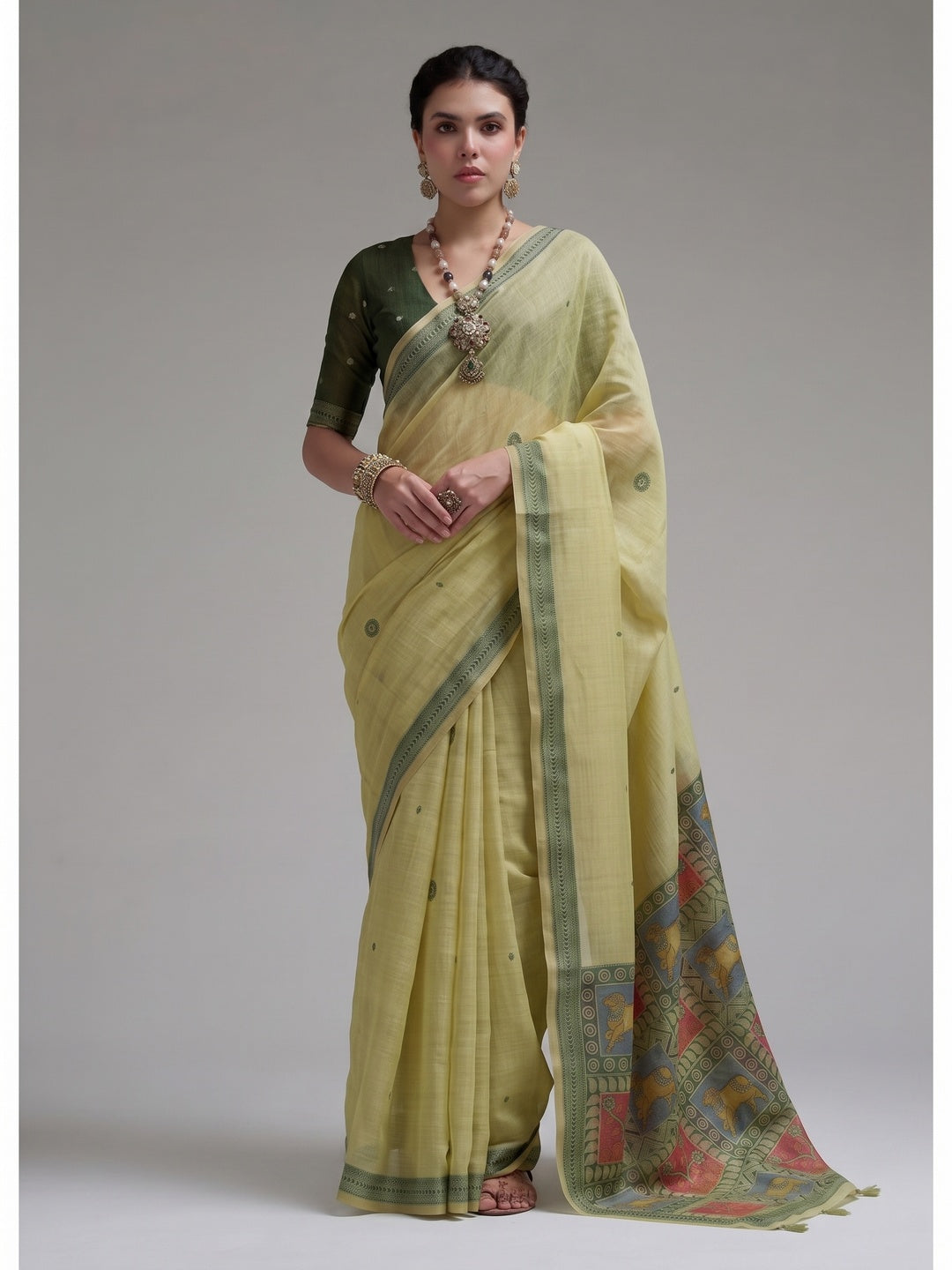 Peachmode Lime Green Woven Jamdani Cotton Saree - Image 5
