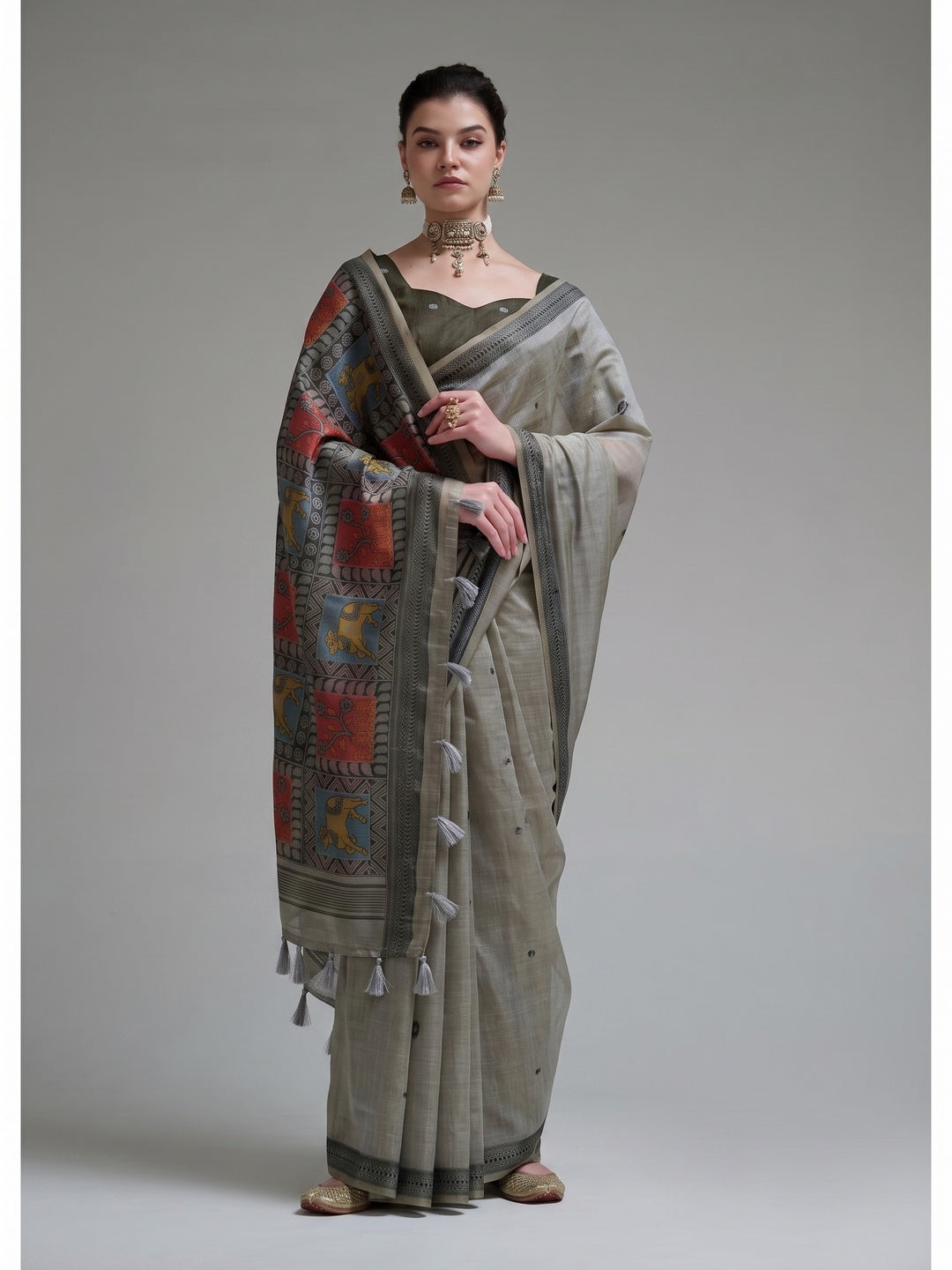 Peachmode Grey Woven Jamdani Cotton Saree - Image 1