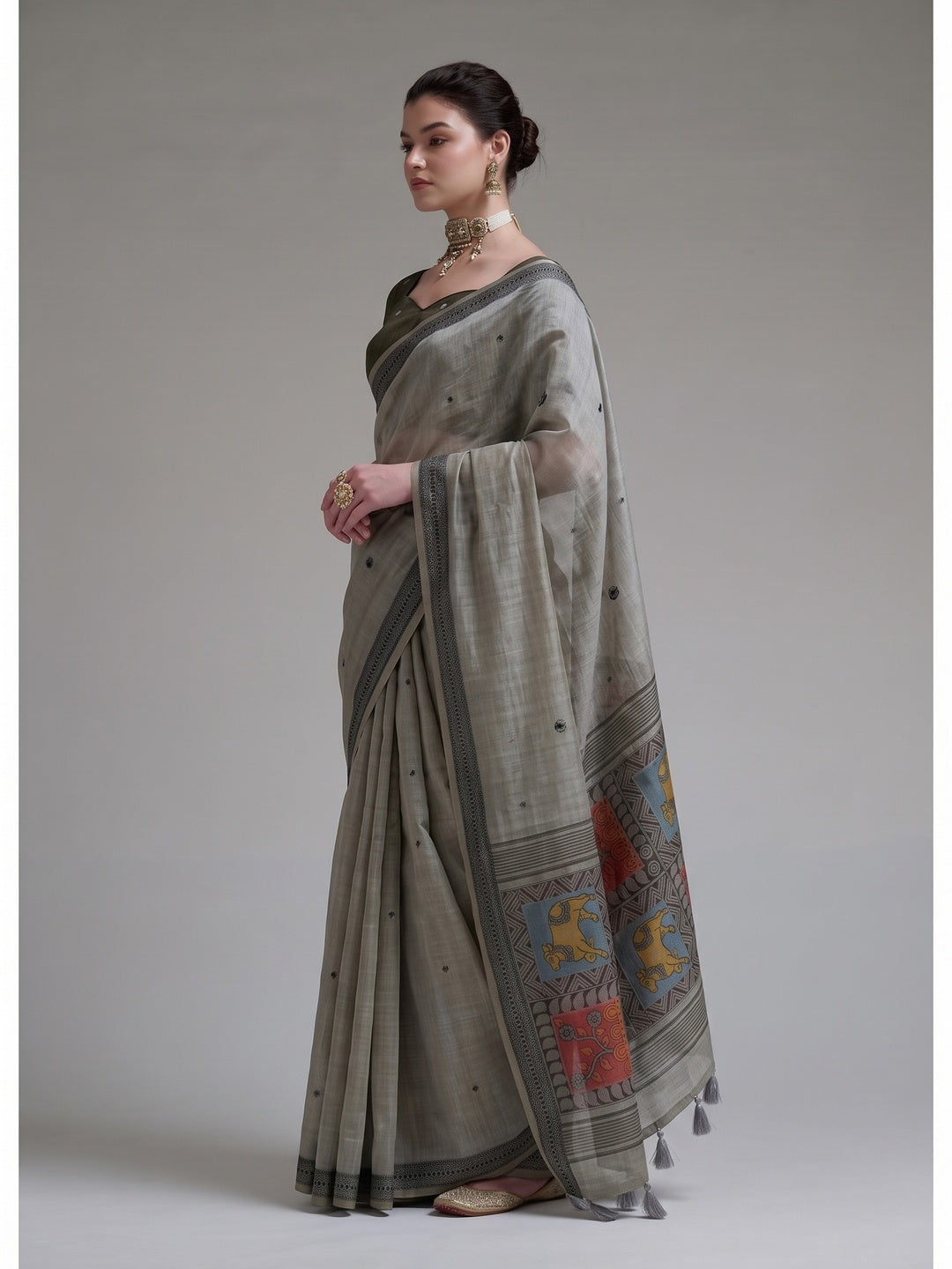 Peachmode Grey Woven Jamdani Cotton Saree - Image 3