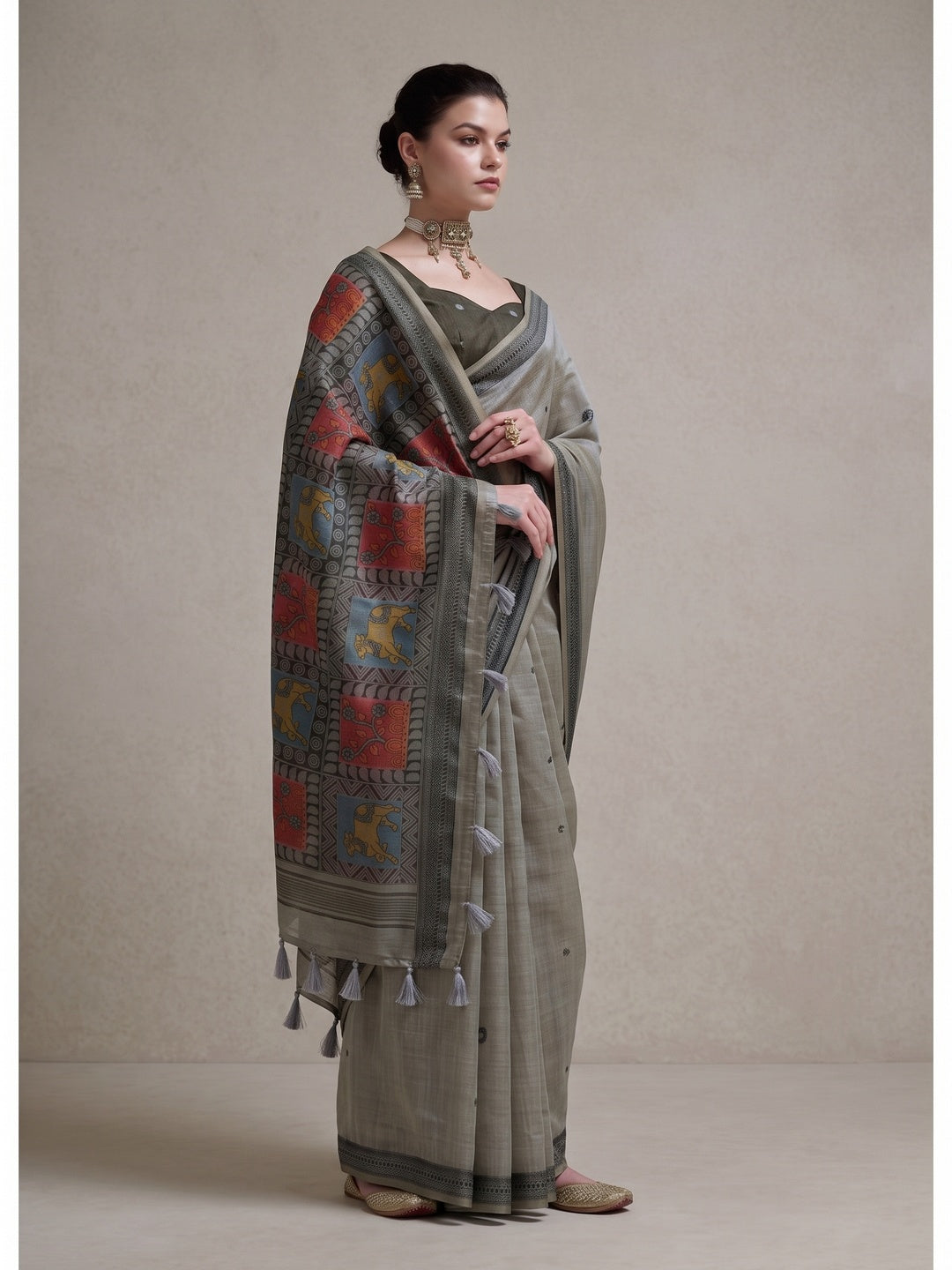 Peachmode Grey Woven Jamdani Cotton Saree - Image 4