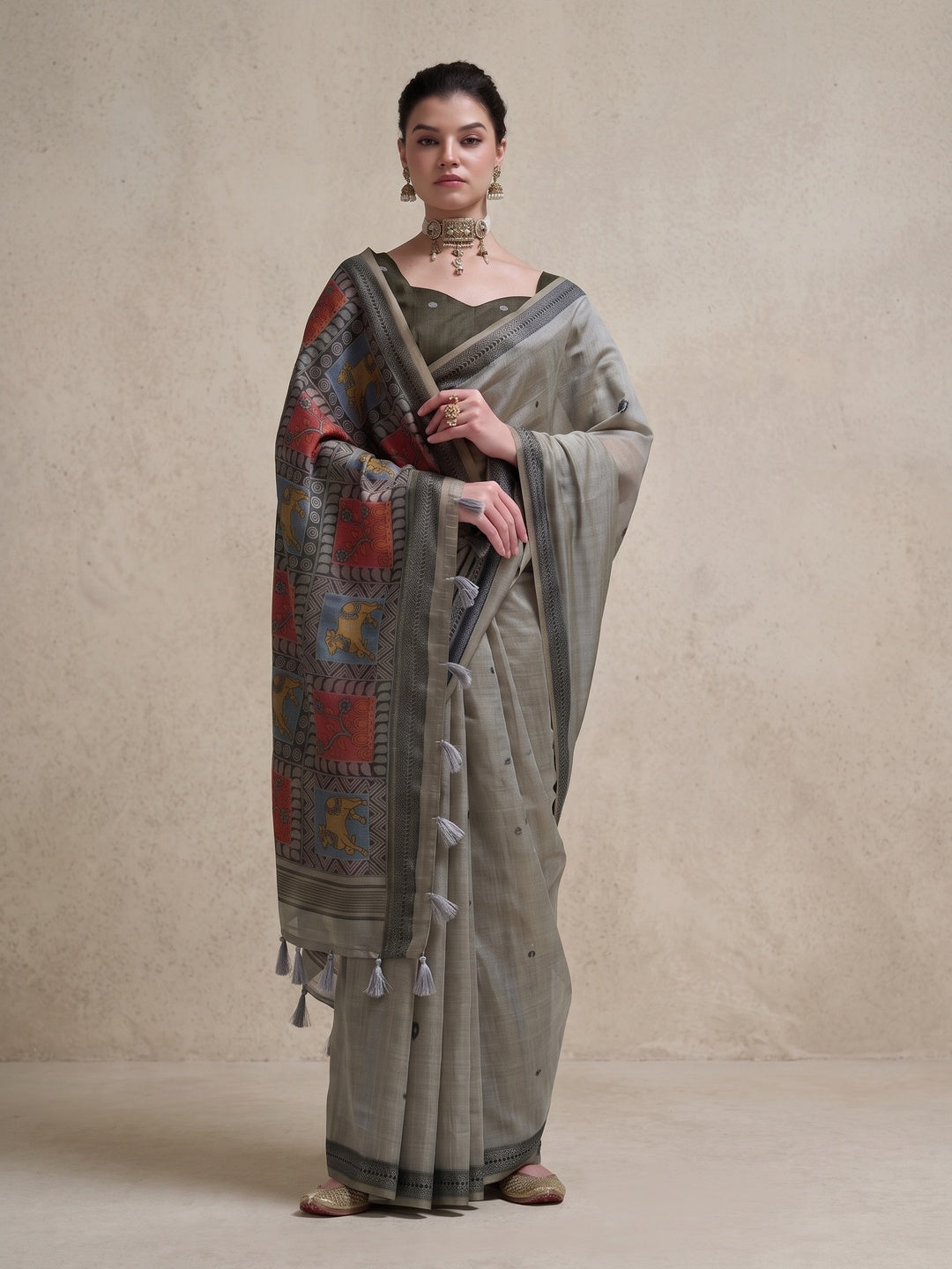 Peachmode Grey Woven Jamdani Cotton Saree - Image 5
