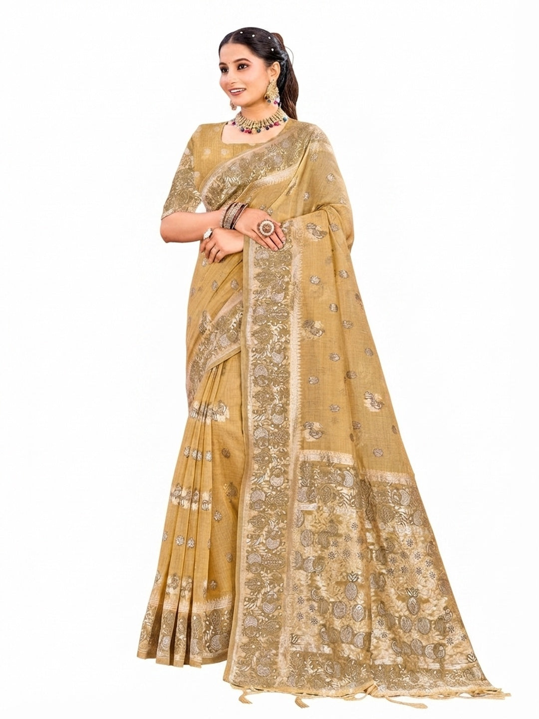 Peachmode Beige Cotton Blend Aarohi cotton Saree - Image 5