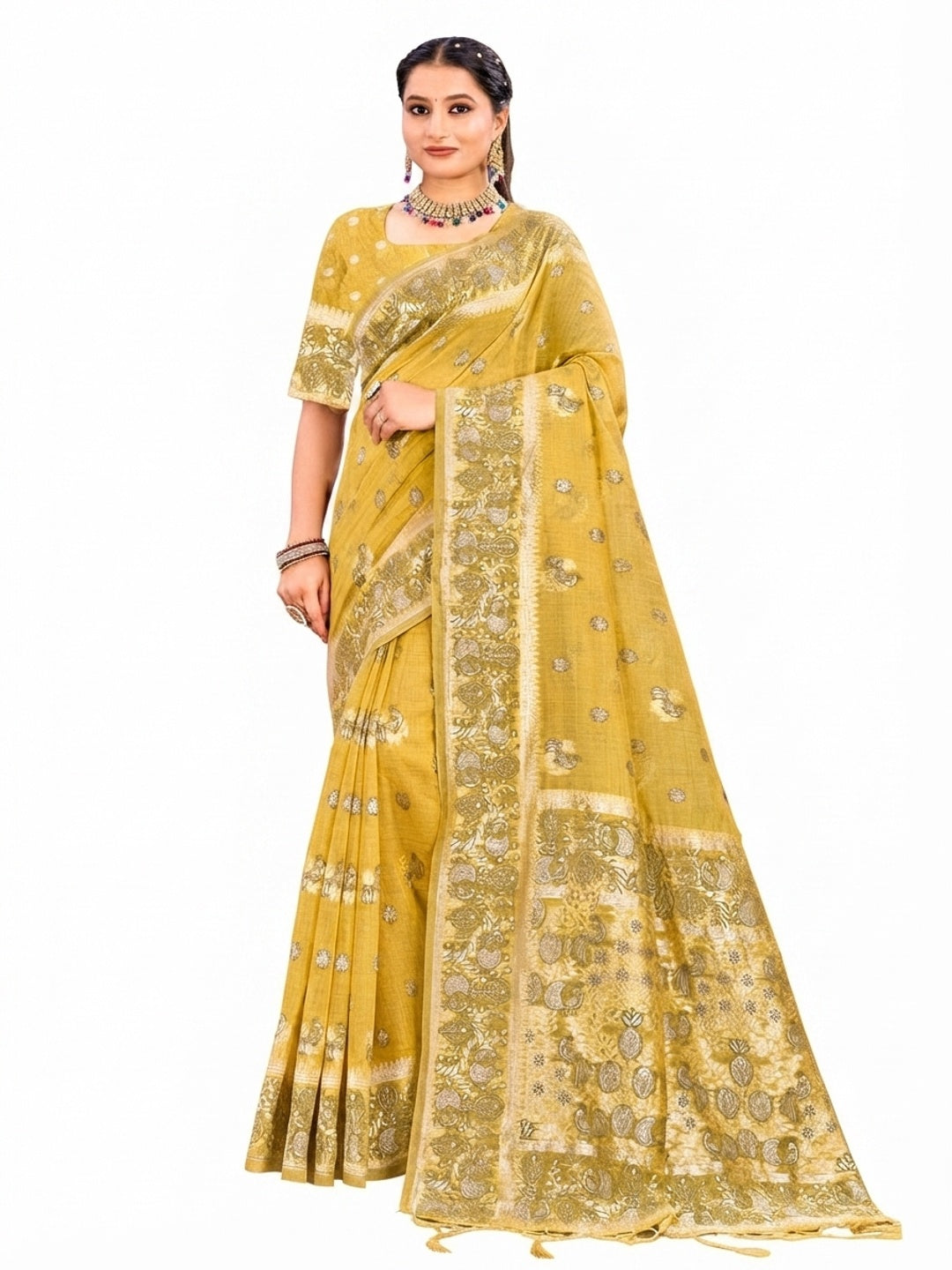 Peachmode Yellow Cotton Blend Aarohi cotton Saree - Image 5