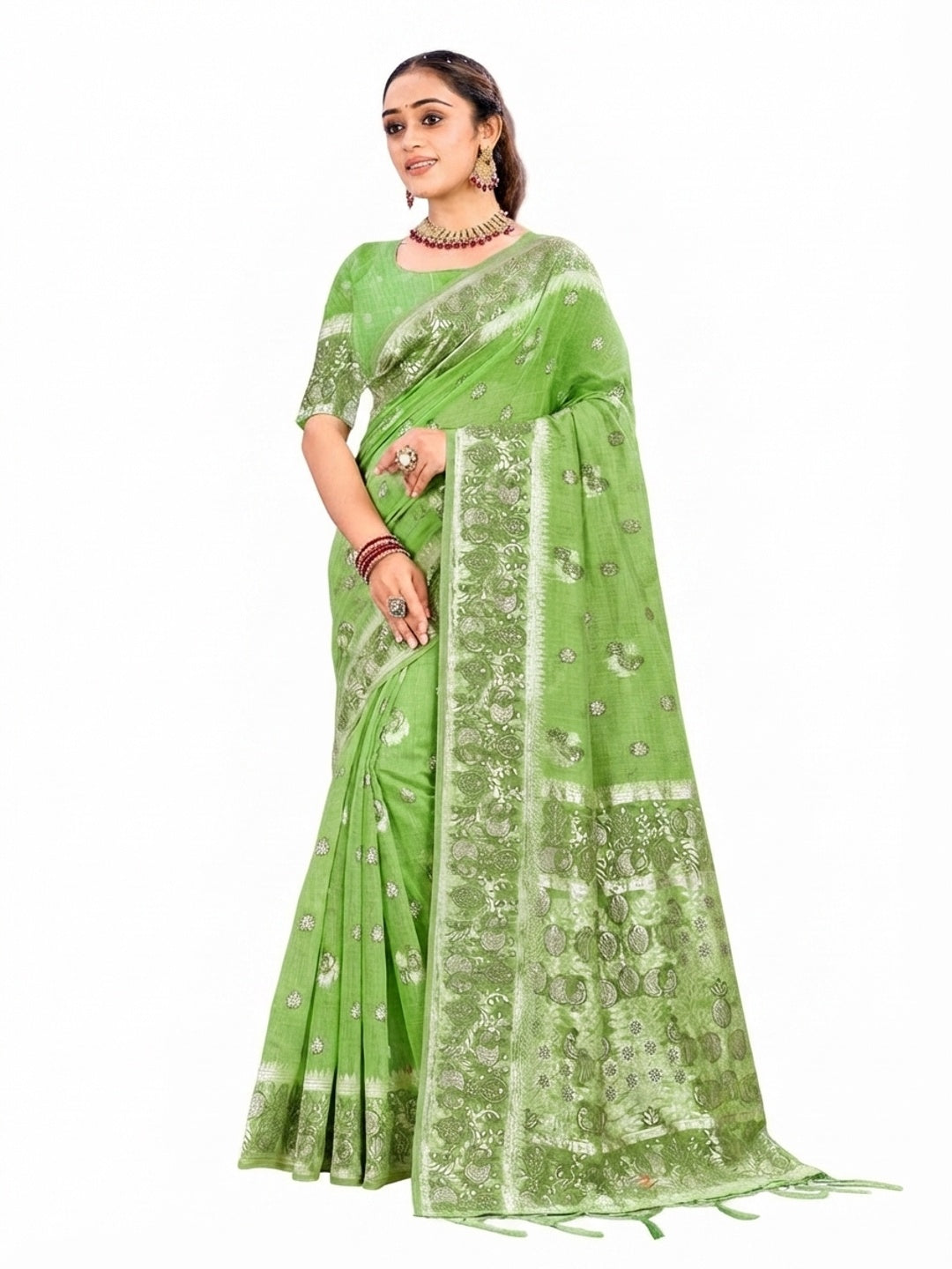 Peachmode Green Cotton Blend Aarohi cotton Saree - Image 5