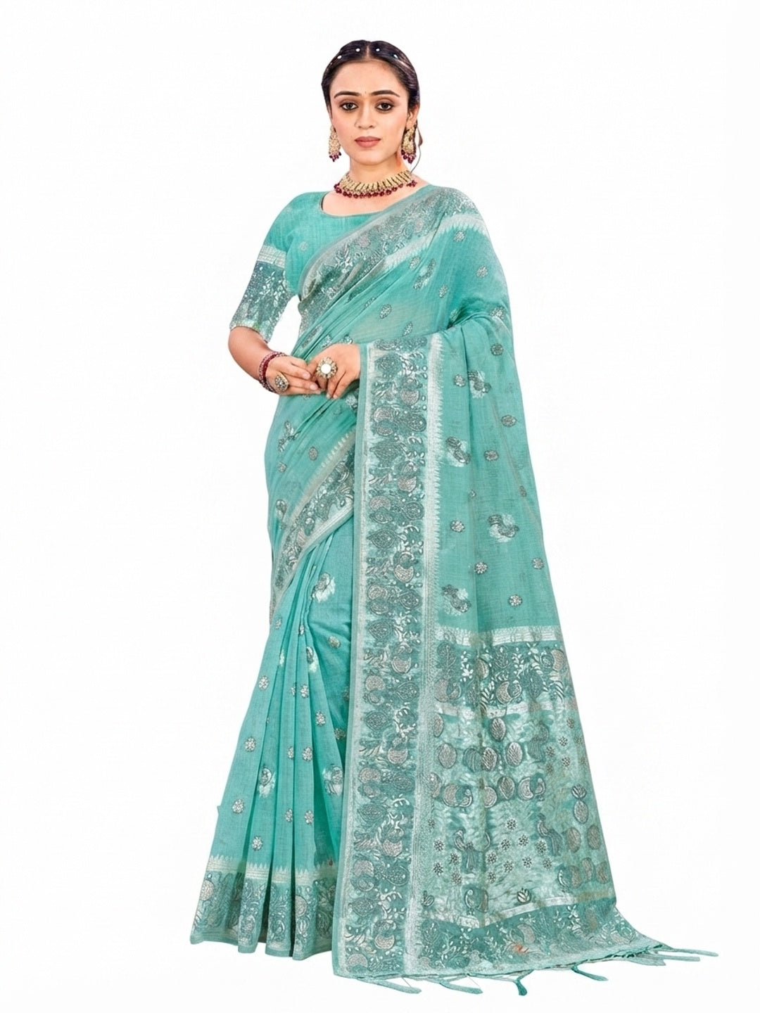 Peachmode Aqua Blue Cotton Blend Aarohi cotton Saree - Image 5