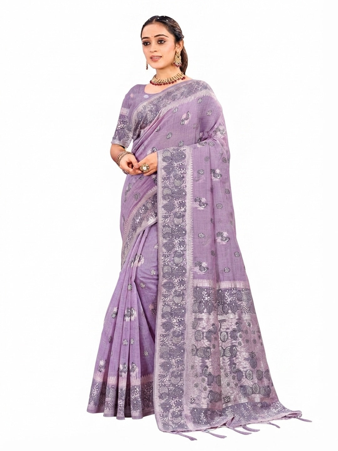 Peachmode Lavender Cotton Blend Aarohi cotton Saree - Image 5