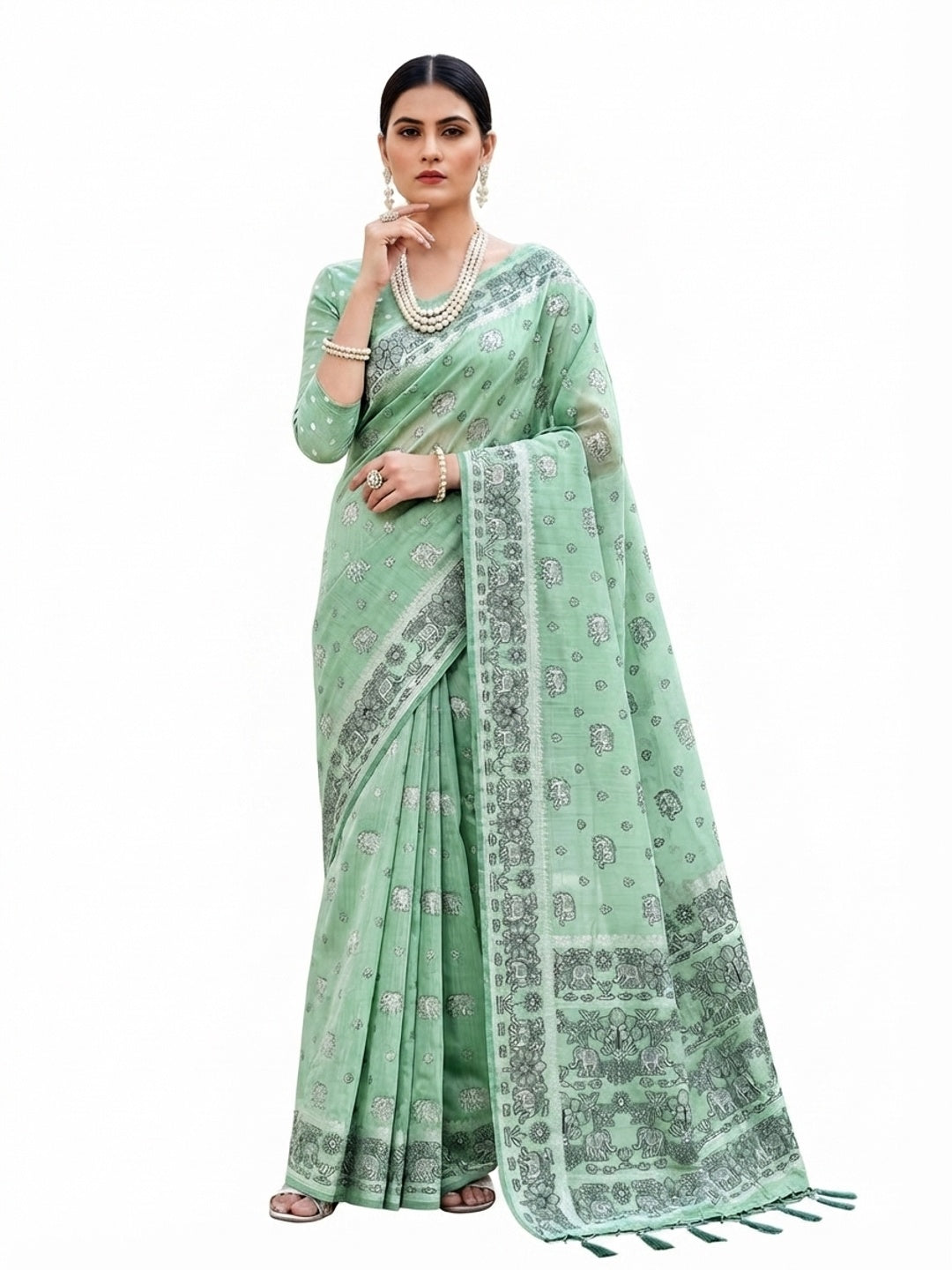Peachmode Green Cotton Blend Aarna Saree - Image 6