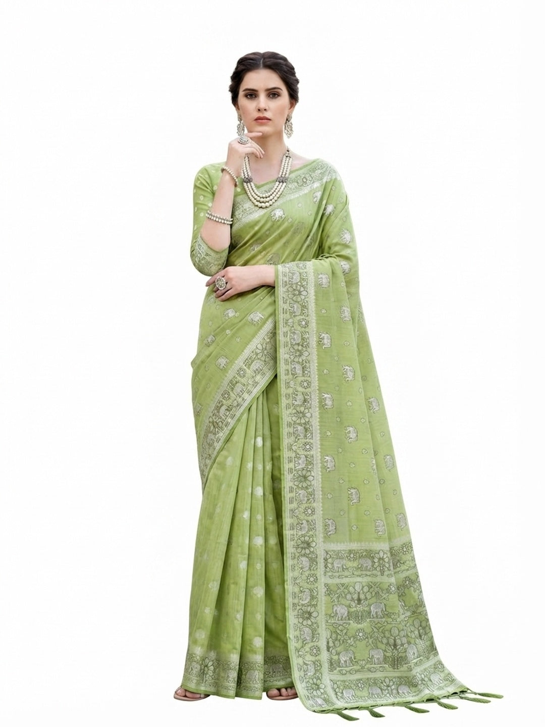 Peachmode Green Cotton Blend Aarna Saree - Image 6